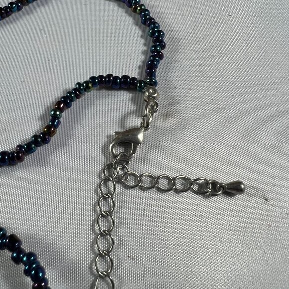Handcrafted Blue & Silver Swirl Pendant Necklace With Beaded Chain & Adjustable - Picture 3 of 3